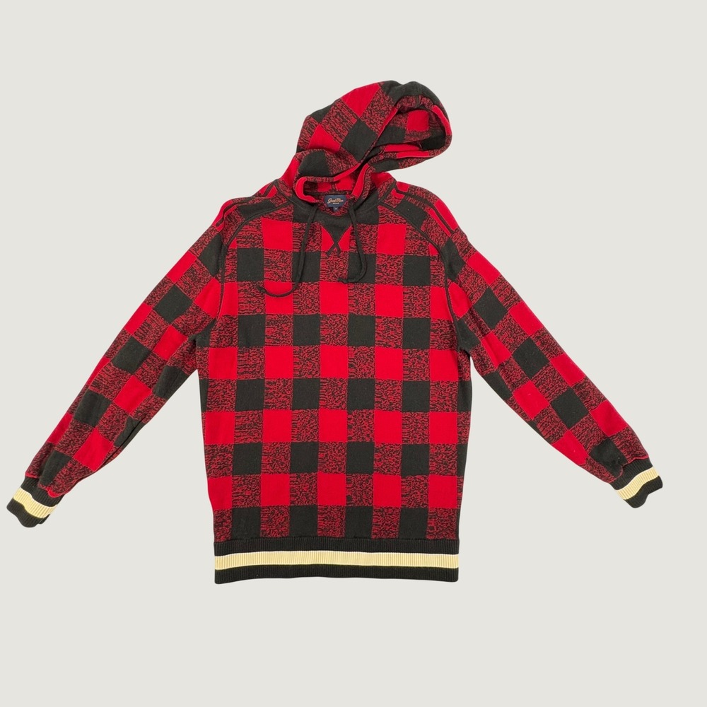 Good Man Brand Hoodie Mens M Red Black Buffalo Check Merino Wool Knit Pullover